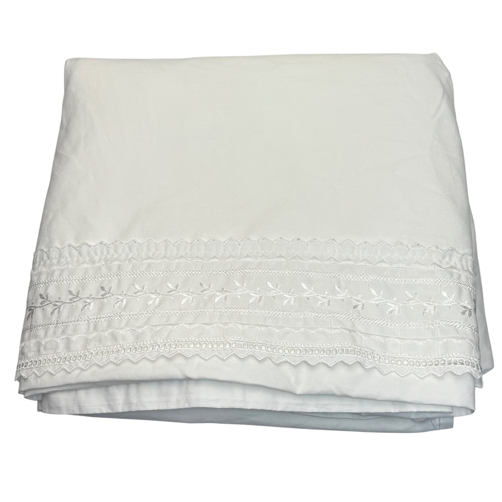 Shabby Chic Cottagecore Coastal King Flat Sheet White Embroidered Scalloped Lace